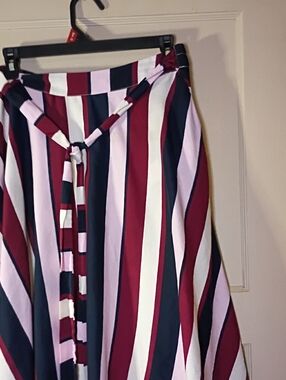 Striped A-Line Skirt with Tie Waist - Burgundy, Navy & Pink